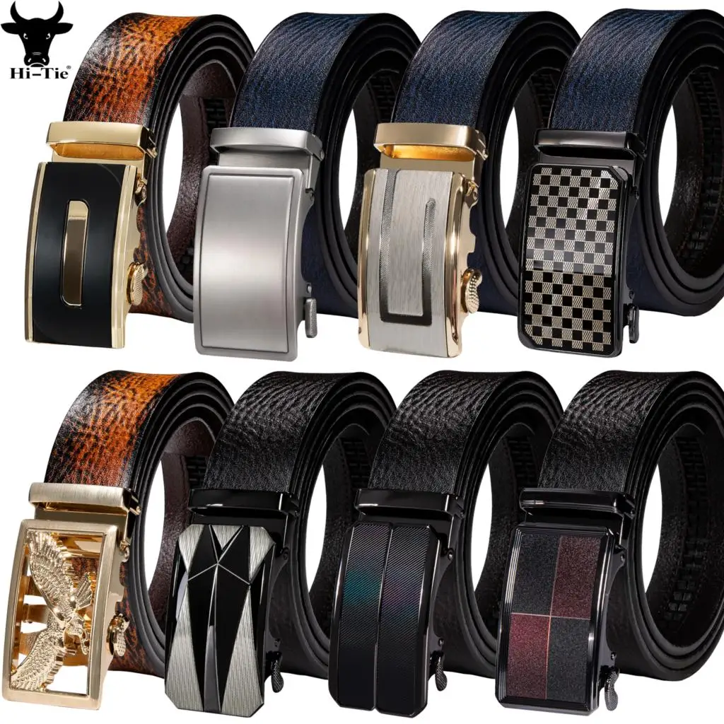 Hi-Tie Designer Mens Belts Brown Blue Tan Genuine Leather Straps Automatic Buckles Ratchet Waistband Dress Jeans Belt for Men XL