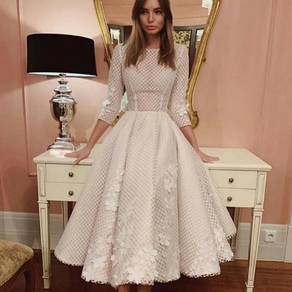 

Elegant A Line Tea Length Prom Dresses O Neck Three Quarter Sleeve 3D Flower Evening Party Gowns