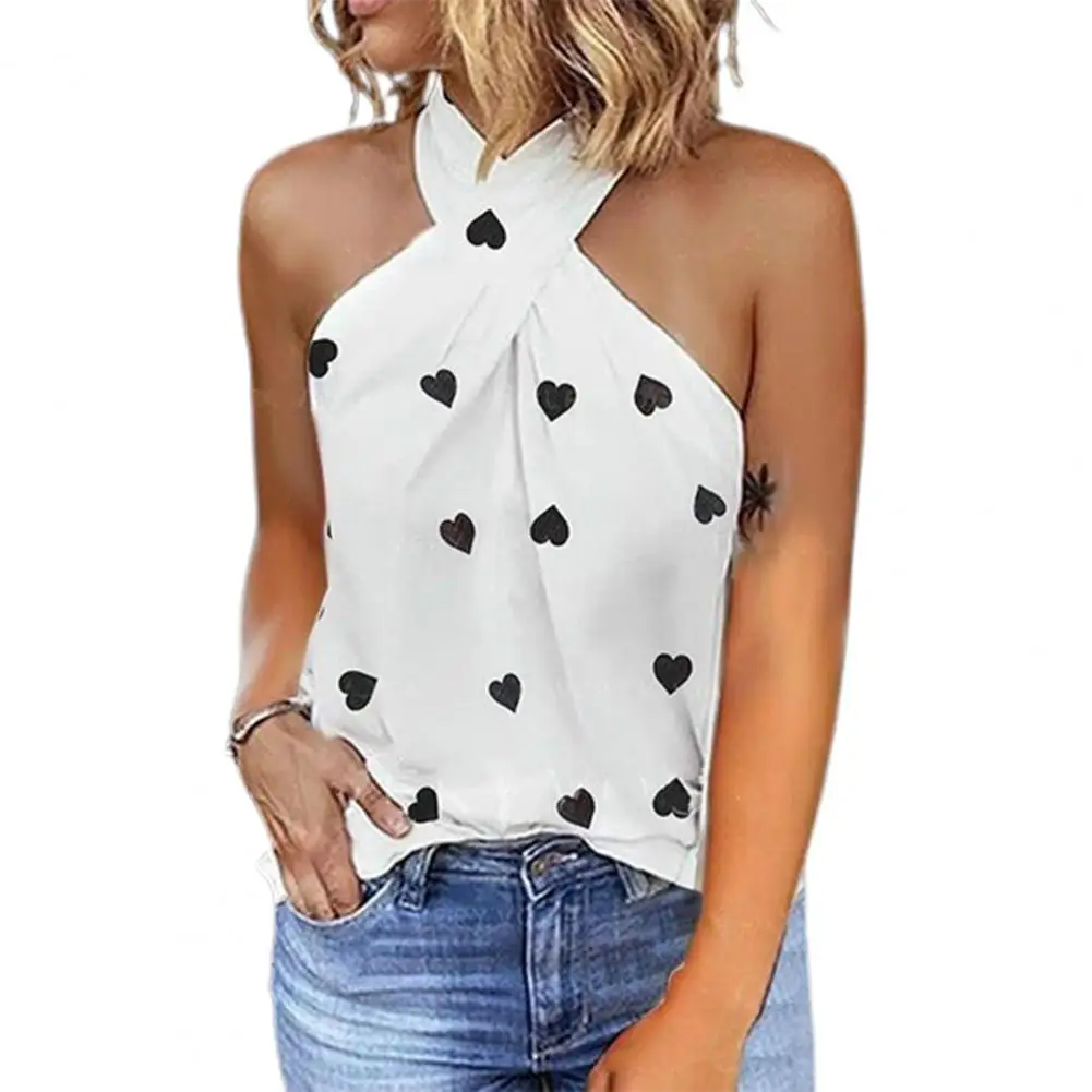 

Summer Women Top Patchwork Unfading Sleeveless Heart Printed Halter Vest T-shirt Clothes