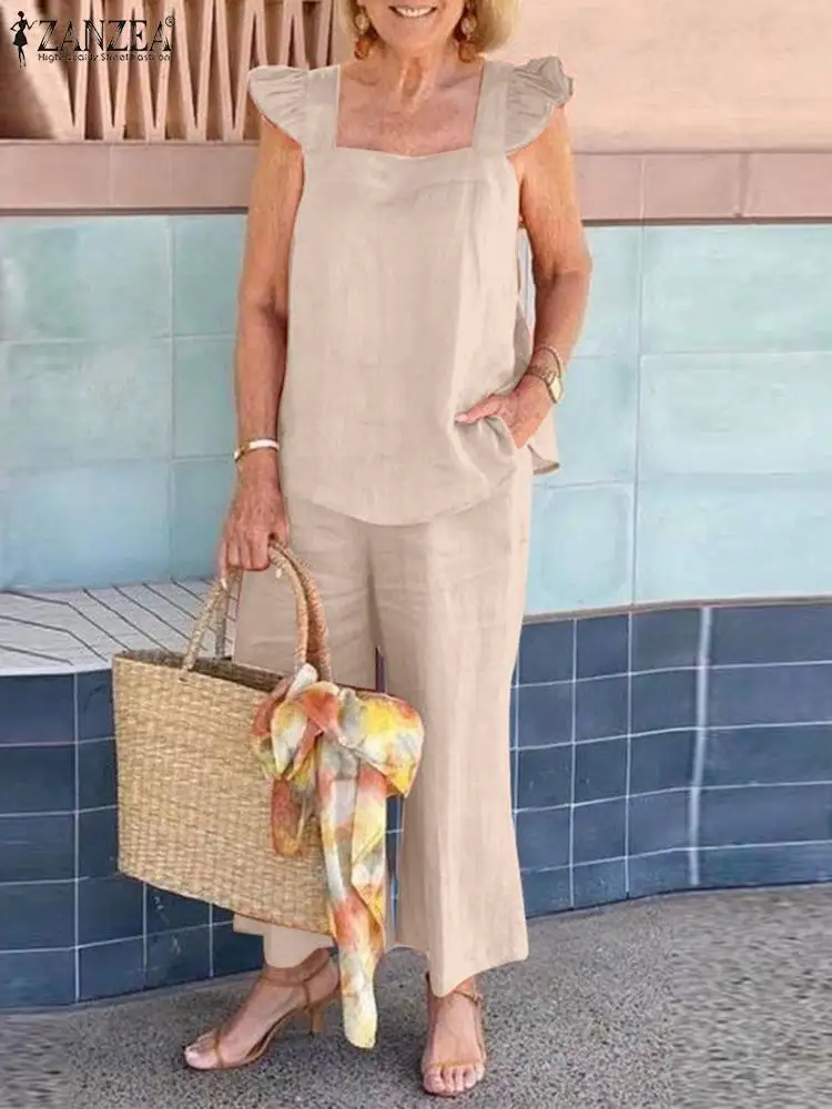 

Спортивный костюм ZANZEA Женский, модный городской костюм без рукавов, топ с широкими штанинами, однотонный комплект из 2 предметов, Повседневн...