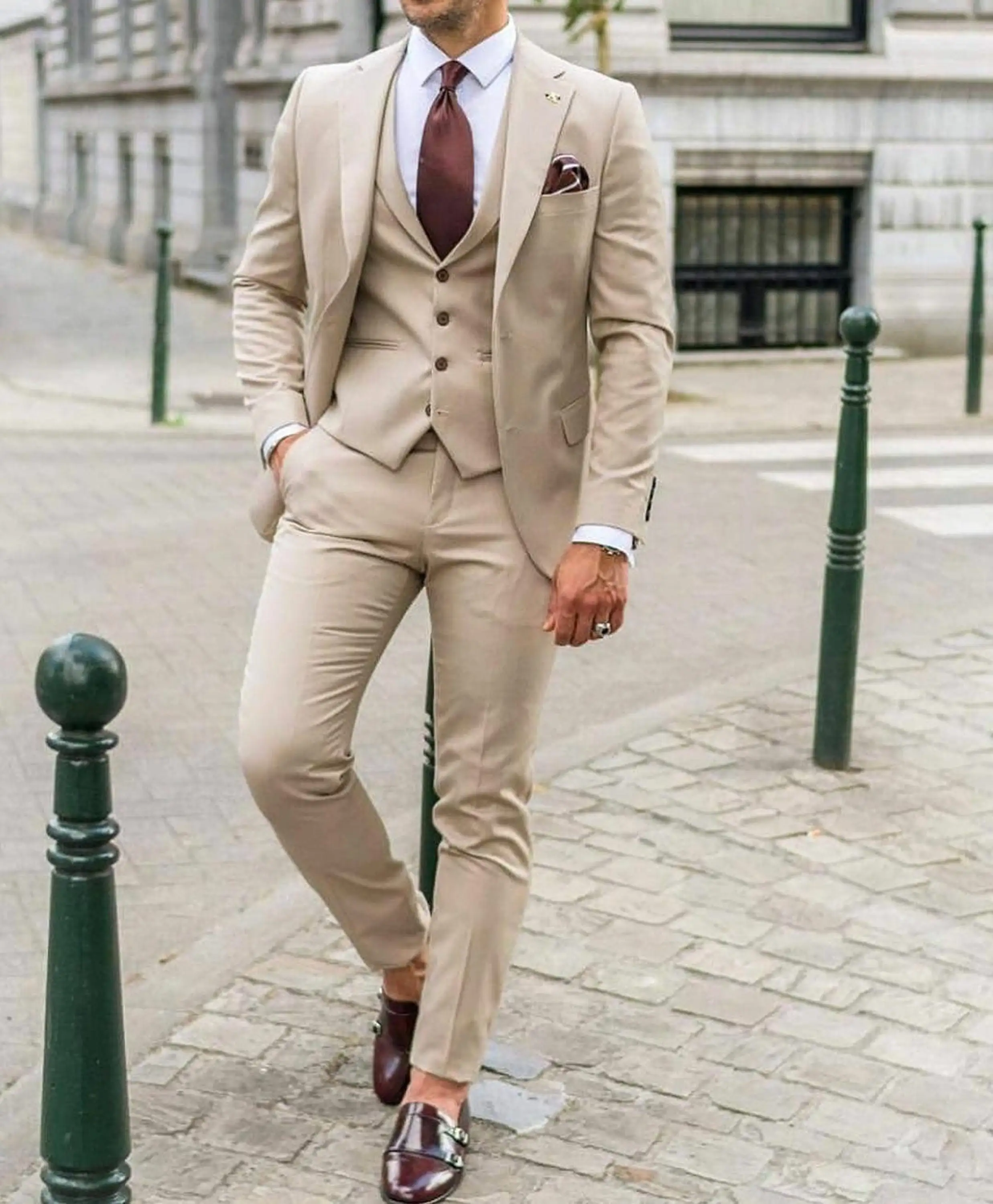 Custom Made Beige Men Suits With Pants Slim Fit Formal Dress Groomsmen