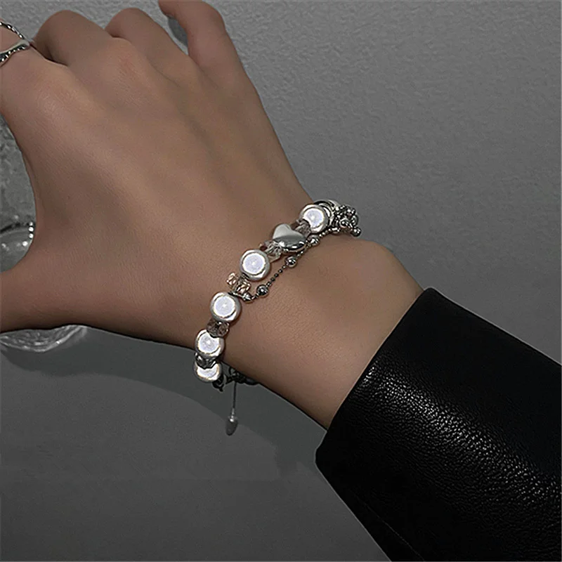

INS Unique Design Love Heart Reflective Pearl Bracelet Female Cool Beaded Bracelets Women Geometric Stainless Steel Bangles