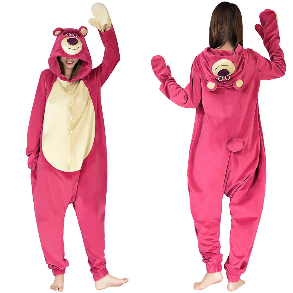 Lotso Strawberry Bear Cosplay Onesies Pajama Men Women Sleepwear Pyjamas Christmas Halloween Costume