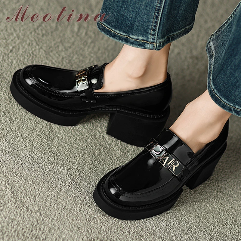 

Meotina Women Genuine Leather Round Toe Platform Block High Heels Pumps Fashion Casual Ladies Spring Autumn Shoes Black Wine-red