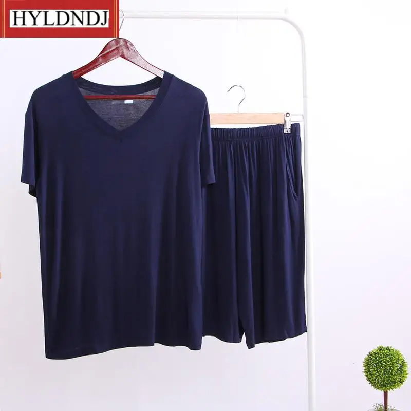 Mens Casual Set 2 Piece V-Neck Solid Color Home Clothing Summer Modal Pajama Sets Thin Short Sleeve T-Shirt Shorts Sleepwear