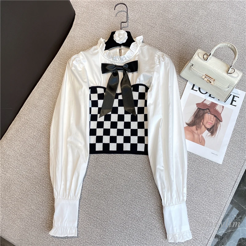 

2022 Spring Women's Top Plaid Knitted Stitching Sweet Bow Lace Stand Collar Shirt Office Ladies Basic Blouses All-Match