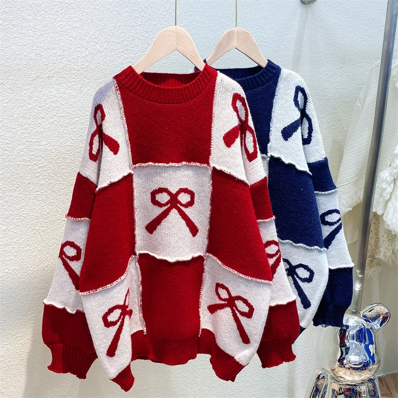 

EBAIHUI Women Christmas Red Plaid Sweater Bow Pattern Knitted Pullover Winter O Neck Women Top Jumpers Female Thicken Sweaters