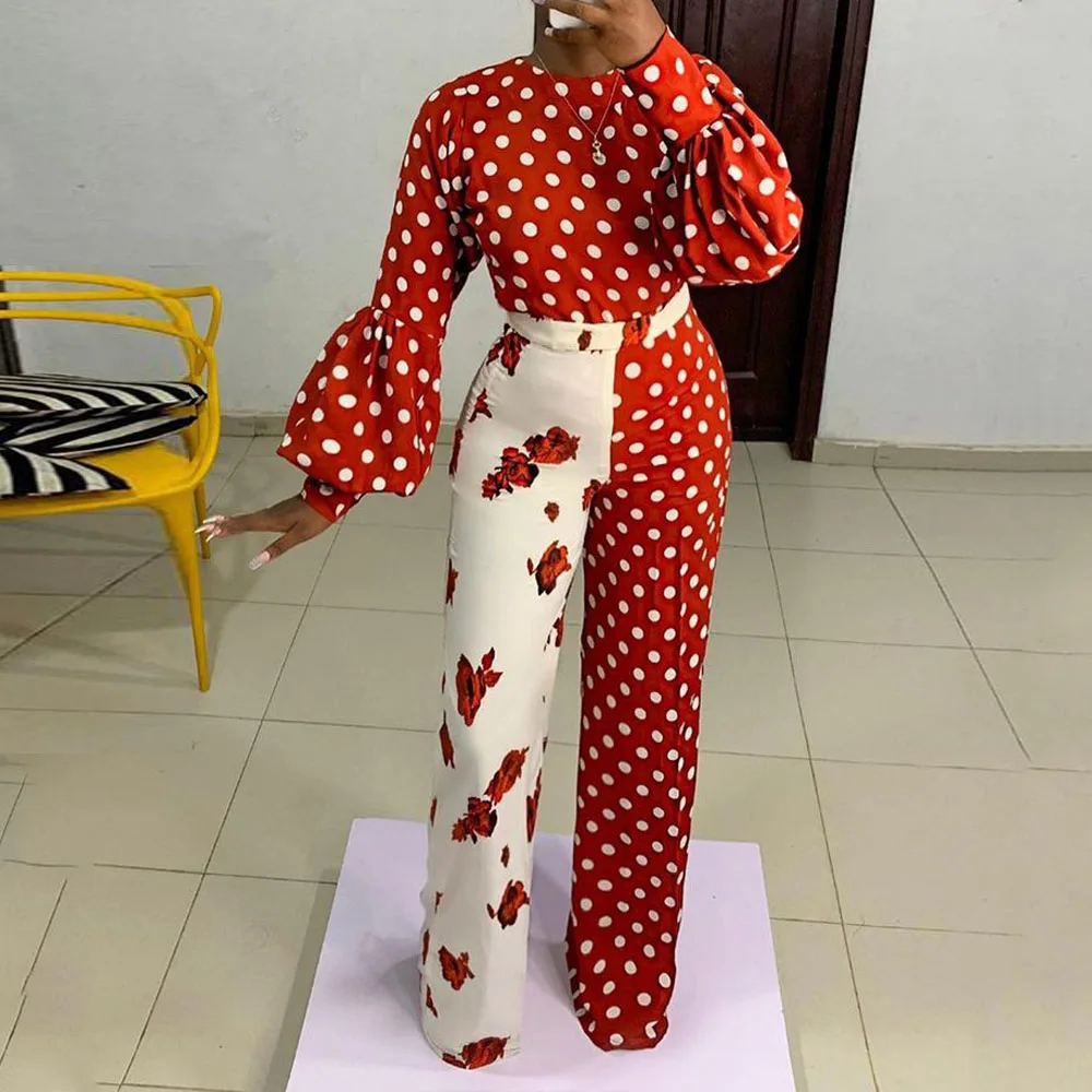 

Women Long Jumpsuits Puff Sleeve Red White Dots Stitching Wide Leg Jump Suit Ladies Elegance Fashion Spring Fall Overalls 2022
