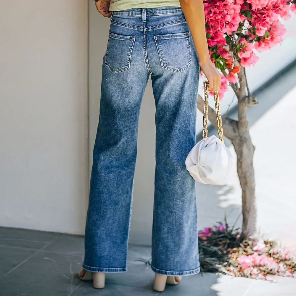 2023 Spring New Women Stylish Elegant Blue Jeans Simple Casual Commuter Office Ol Straight Jeans Female