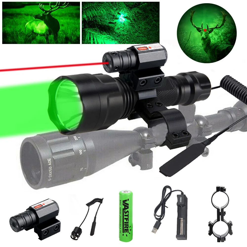 

Tactical LED Hunting Flashlight Red Green White Rifle Torch +Laser Dot Sight Scope +Remote Switch+ 20mm Rail Barrel Mount