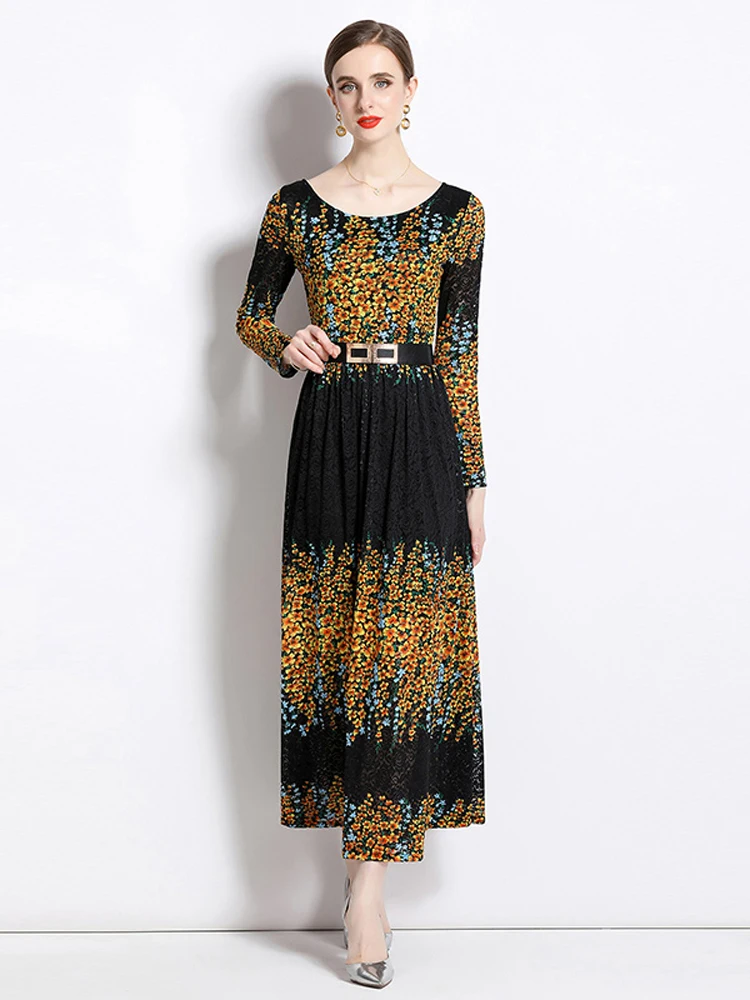 

Runway Floral Embroidery Trumpet Dresses Women Fashion Spring 2023 Designer Long Sleeve Vintage Party Vestidos Green Black Robes