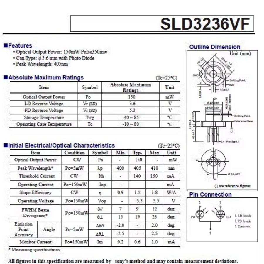 SLD3236VF 405 нм синяя фиолетовая лазерная трубка cw150мвт полупроводниковый лазерный