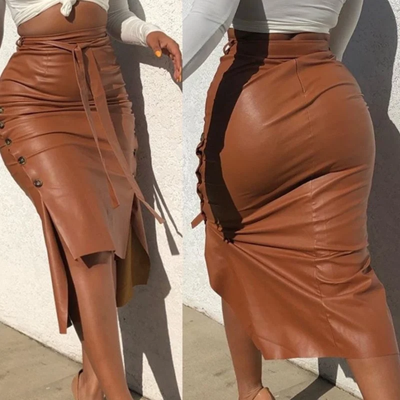 

Spring And Summer Women's New Style Fashion Solid Color Buttock Wrapping Leather Skirt Split Slim Mid Length Buttock Skirt