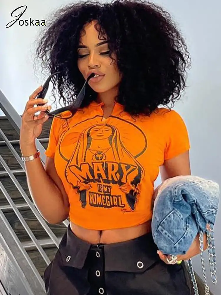 

Joskaa Letter Print Orange T-Shirts Women Hipster V-Neck Short Sleeve Slim Crop Tops Summer 2023 Graphic T Shirts Y2K Streetwear