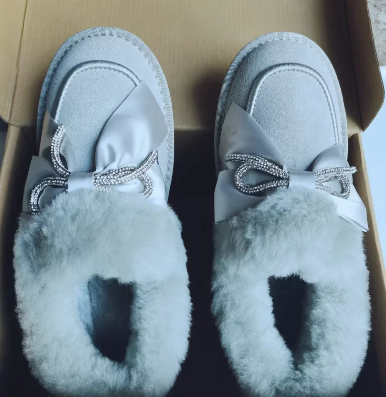 

Top Winter Snow Boots 100% Cashmere Warm Luxurious Design Fur Bow Cotton Shoes Comfort Slip-on Flat Non-slip Booties Botas Mujer