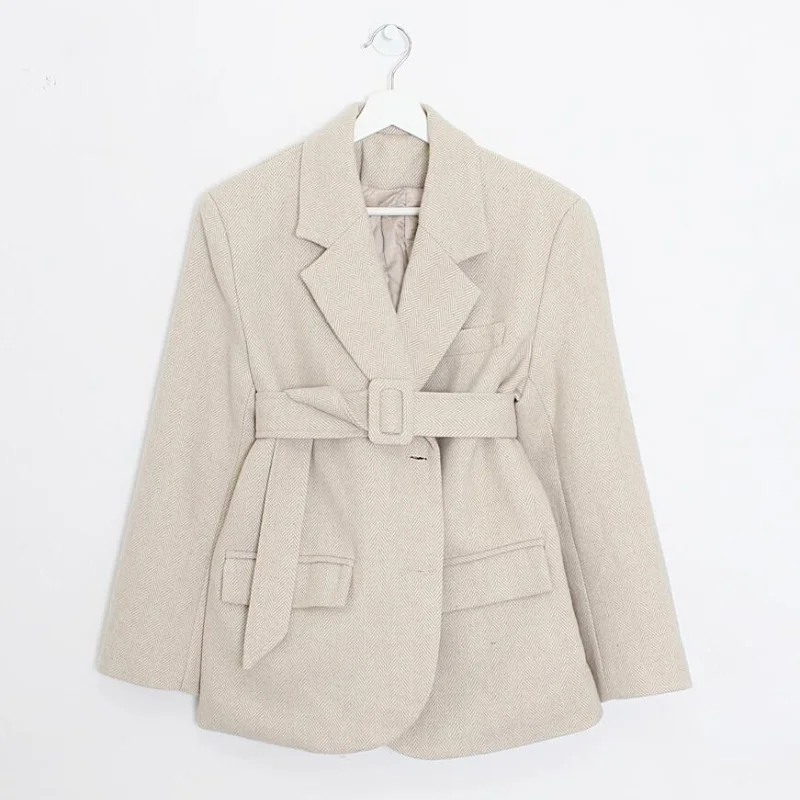Korean Version of Chic Temperament Herringbone Pattern Bandage Waist Was Thinner Quilted Thick Suit Woolen Jacket 2022 Women New