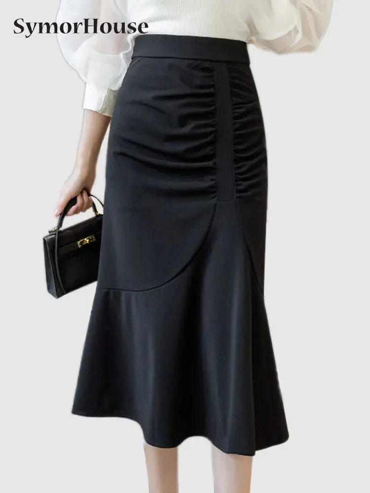 

Korean Fashion Office Lady High Waist Folds Skirt Women Casual Stretch Wrap Hip Midi Ruffles Mermaid Skirts Faldas Mujer Moda