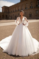 aviana formal deep v neck tulle wedding dresses puff sleeves court train bridal gowns for women vestido de novia custom made