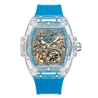 hollow unique design automatic mechanical watch for men sports transparent case watches male tonneau clock relogio masculino