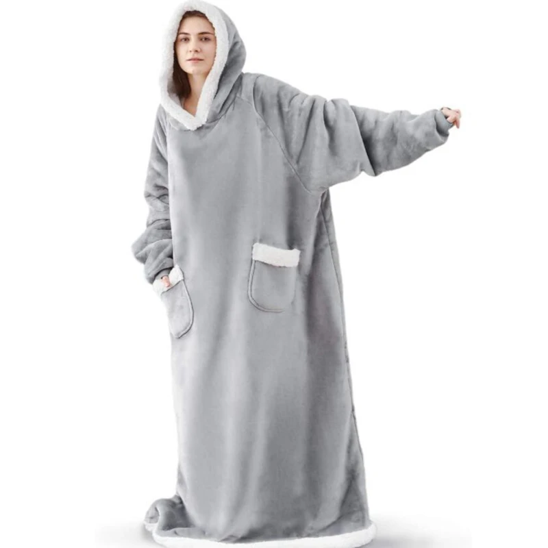 

Winter Warm Women Extra Long TV Hooded Blanket Sofa Cozy Plaid Pocket Fleece Adults Kids Bathrobe Oversized Outwear