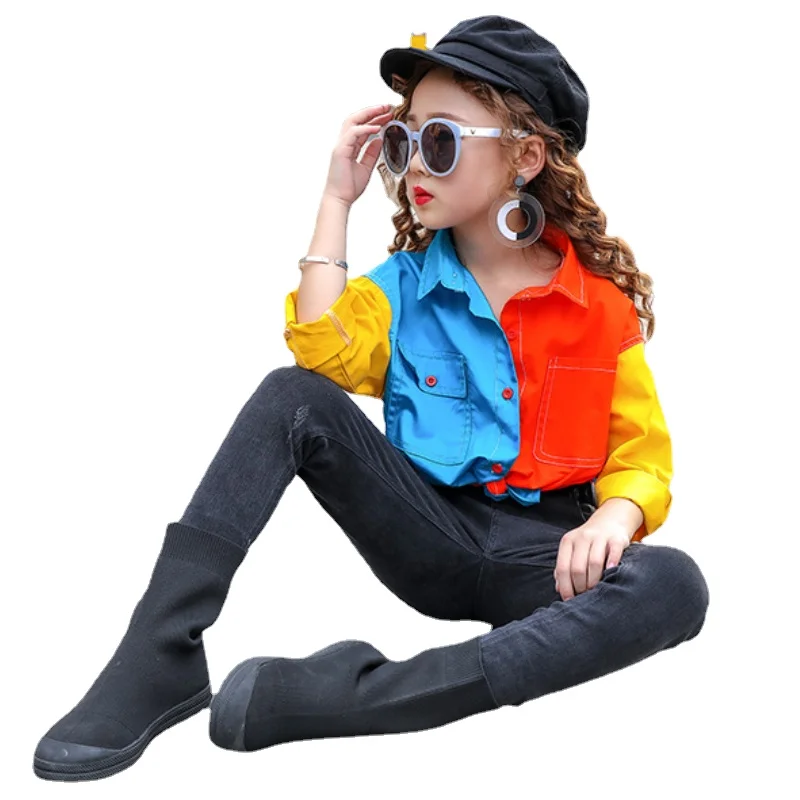 

Girls Shirts Autumn Fashion Color-blocking Tops Spring New Retro Varied Colorful Clothes Teen Clothing Blouse for Girls 4-10 yrs