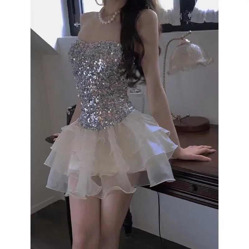

Korean version sequin bra fashionable summer patchwork dress with high-end feeling, small fragrance, women's summer new style