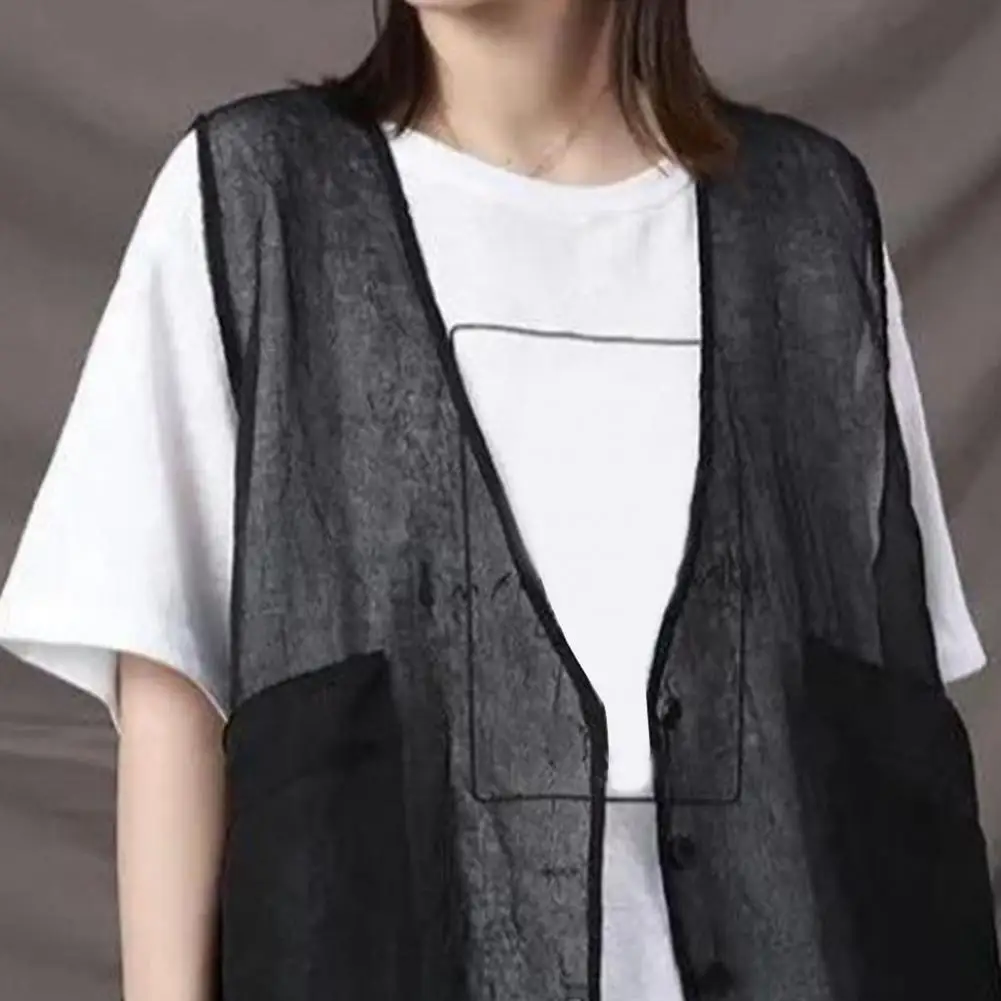 Халко без рукавов для женщин кардиган fino прозрачный cuello en V suelto bolsillos de parche большие