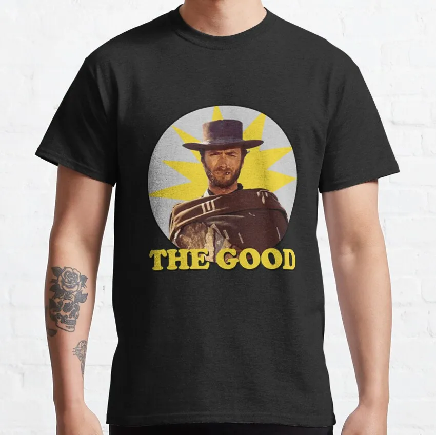 Фото Клинтский Eastwood крутой и хороший товар, плохой и уродливый фильм, винтажный ковбойский фильм, 100% хлопковая Футболка с принтом №1