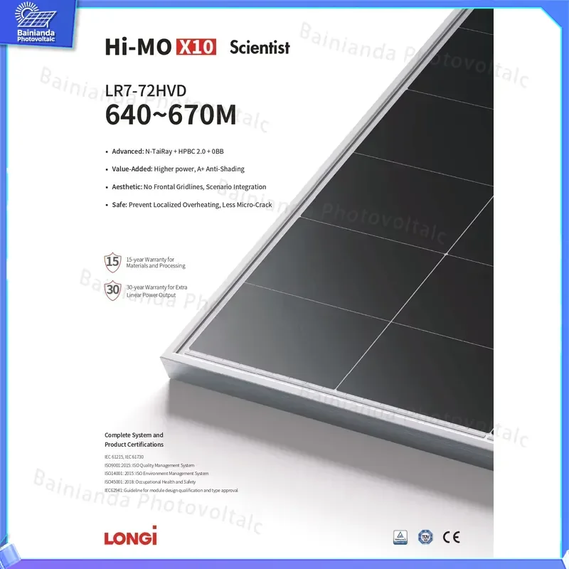 Фото Солнечная панель Longi Class A Hi-MO X10 640W 650W 665W, двусторонняя, с двойным стеклом, монокристаллическая, PERC, PV-модуль, антибликовая, пылезащитная, высококачественная №3