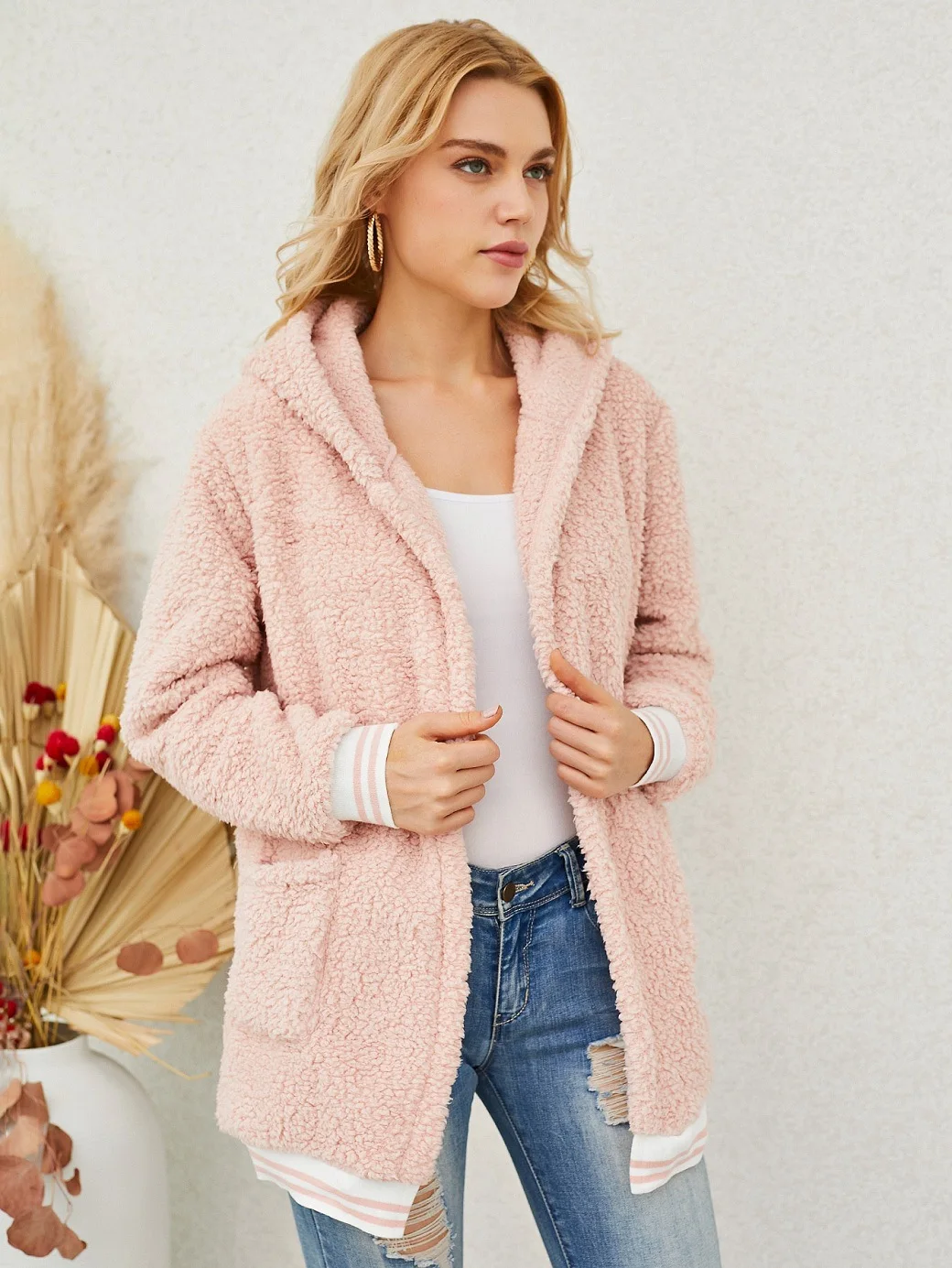 

Autumn Winter Fashion Cardigan Plush Hooded Blouse Woolen Coat Keep Warm Women Tops