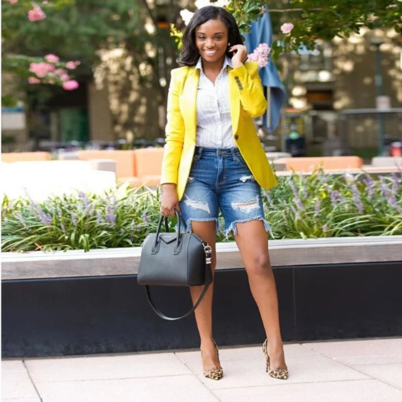 

Yellow Casual Office Blazer 2021 Women Solid Colors Single Button Commute Bussiness Blazer Retro Simple All-Match Clothes Formal