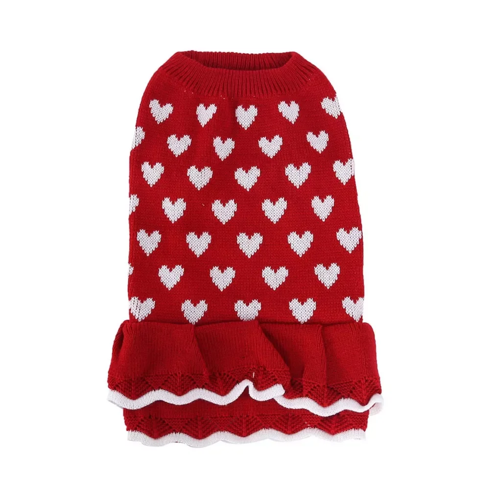 

2022JMT Pet Clothes Autumn Winter Warm Dogs Sweater Dress Love Pattern Puppy Small Lace Sweaters Skirt Clothing Pet Pullover App