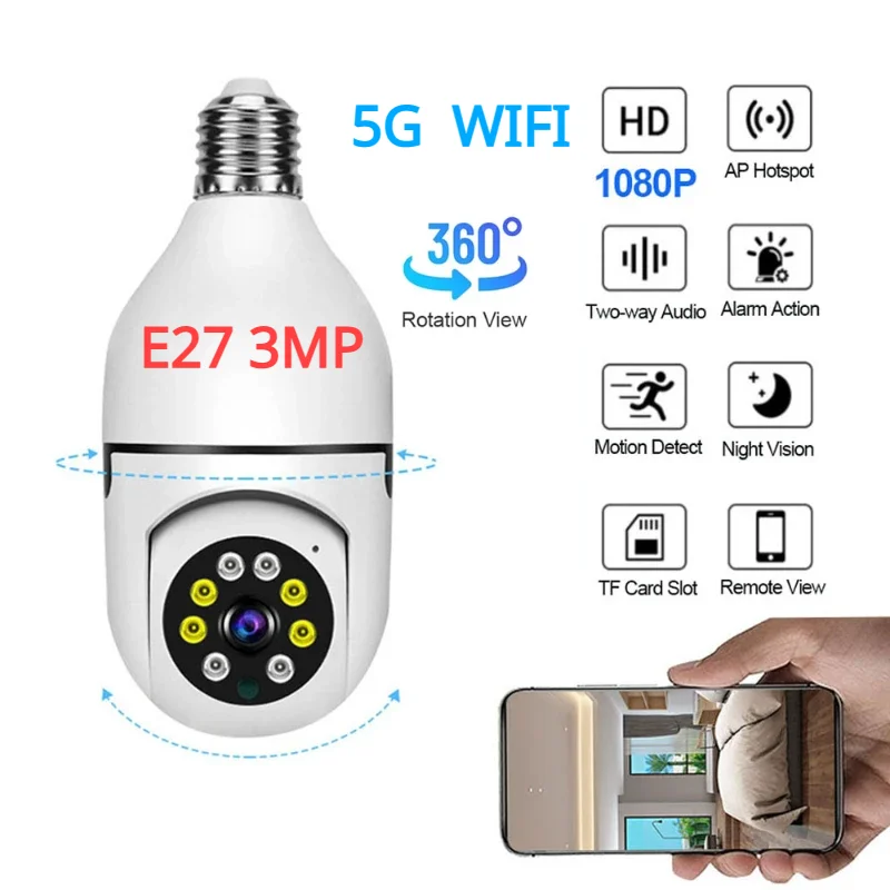 

E27 Bulb Wireless Surveillance Camera 5G Wifi Night Vision Auto Human Tracking Home Panoramic Video Security Protection Monitor