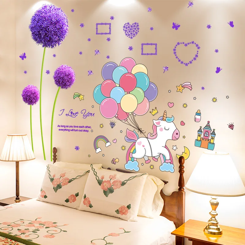 

Cartoon Unicorn Balloons Wall Stickers DIY Dandelions Flowers Wall Decals for Kids Bedroom Kindergarten Nursery Home Decoration