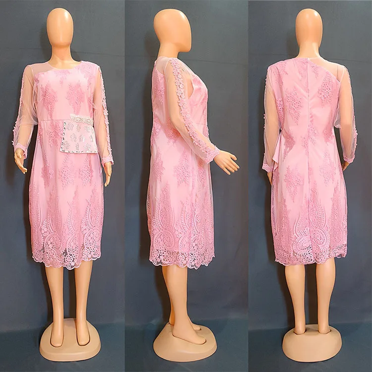 

African Dresses for Women Summer Fashion African Women Long Sleeve O-neck Pink White Knee-length Dress African Clothes