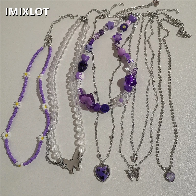 

Kpop Y2K Vintage Purple LOVE-Heart Butterfly Crystal Beaded Chain Necklace For Women Grunge Charms Jewelry EMO 90S Accessories