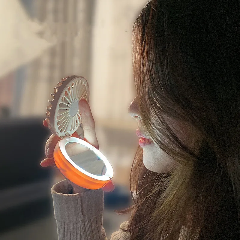 

Makeup Mirror Dressing Mirror Mini Fan Folding Hanging Neck Handheld Desktop USB Charging Silent Pocket Mirror Gift