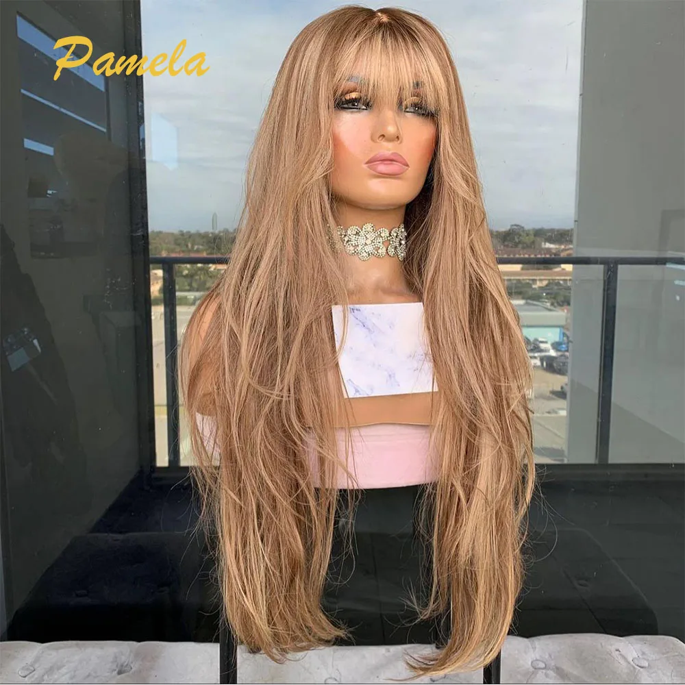 

Highlight 27 Colored Glueless Wig Human Hair Ready To Go 250% Density Straight 13X4 HD Transparent Lace Frontal Wig With Bangs