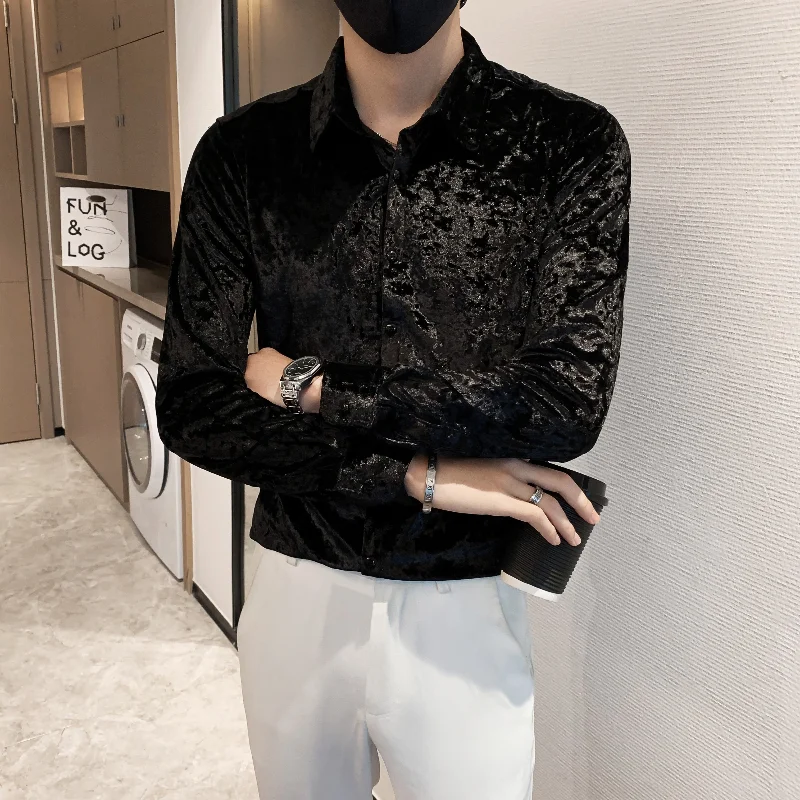 Luxury Velvet Men's Shirts Autumn Winter Long Sleeve Slim Fit Casual Vintage Formal Shirt Social Party Streetwear Homme Chemise