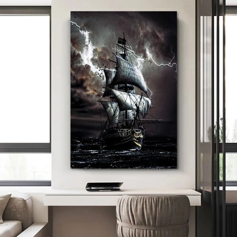 

Pirate Ship At Sea Black Sailboat Vintage Print Art Canvas Poster For Living Room Decor Home Wall Picture