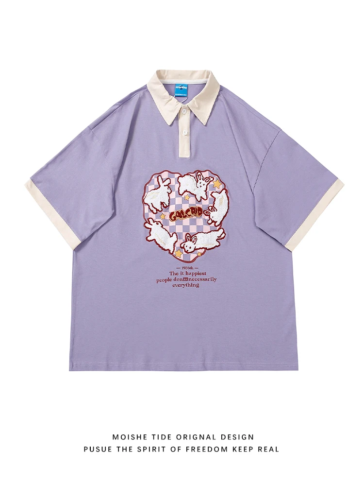 Moishe Tide Chessboard Plaid Rabbit Contrast Color Short sleeve Polo Shirt Men and Women Summer Loose Couple Half Sleeve T-shirt