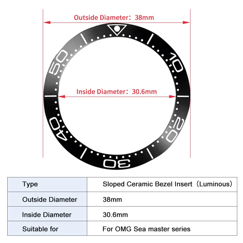 Luminous Sloped Ceramic Bezel insert  Slopping bezel 38*30.6mm For OMG Sea master series  MOD watch parts
