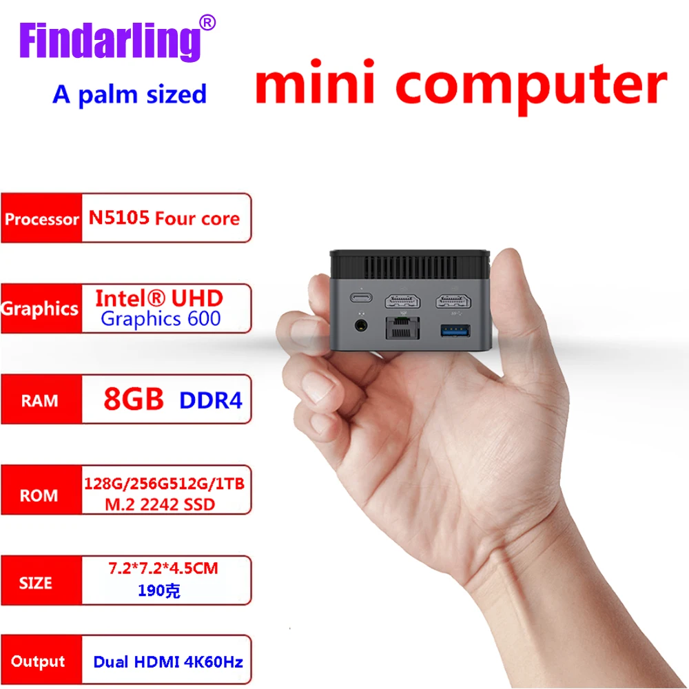 ZX01 Quard Core Intel N5105 2.9GHZ Windows 11 Mini PC DDR4 8GB 128GB M.2 NGFF SSD 1000M Lan 5G Wifi BT4.2 Computers Pocket Pc