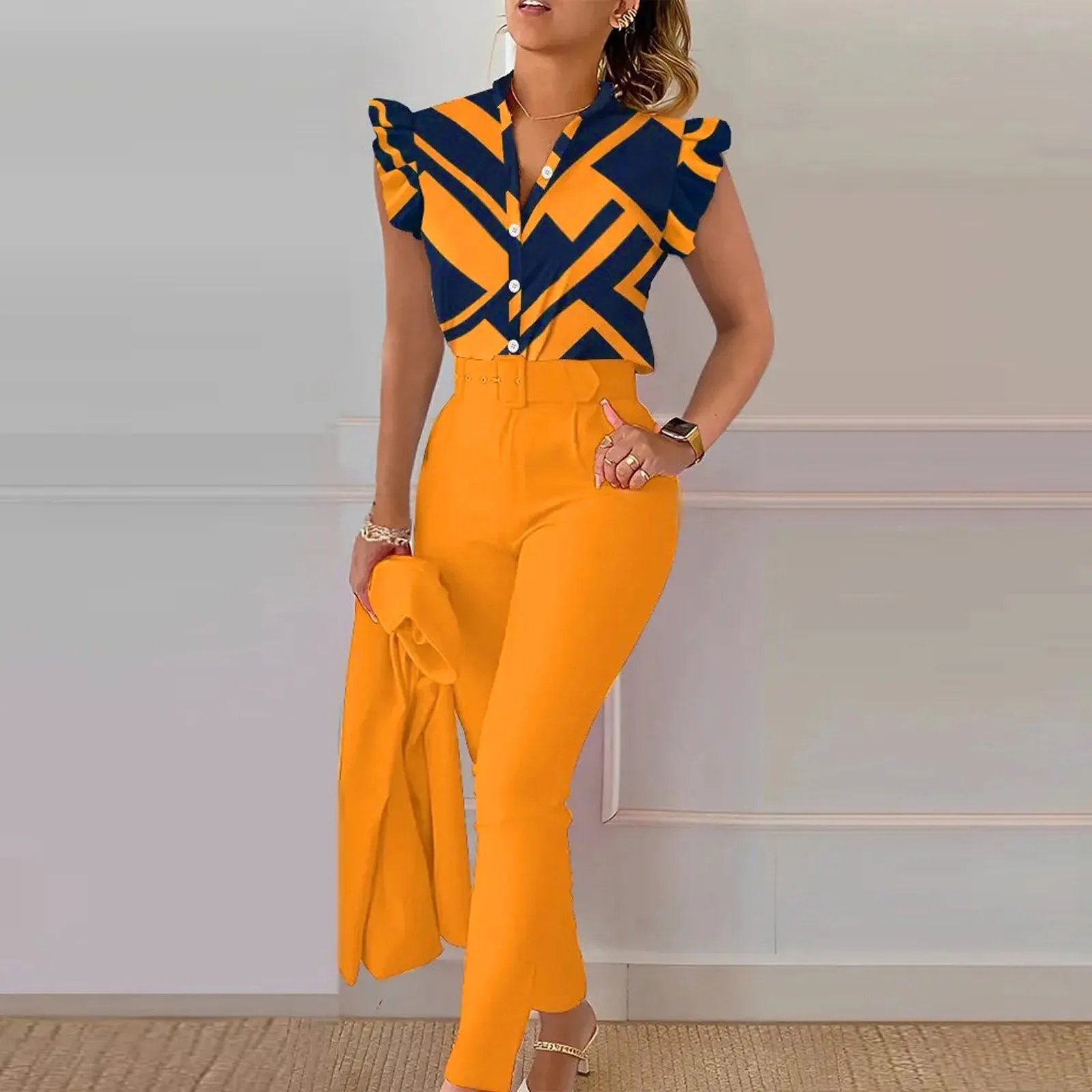 Elegant Office Women Slim Fit Two Piece Set Summer Female Pants Matching Suit Color Gradient Button Shirt And Pants Outfits New 3