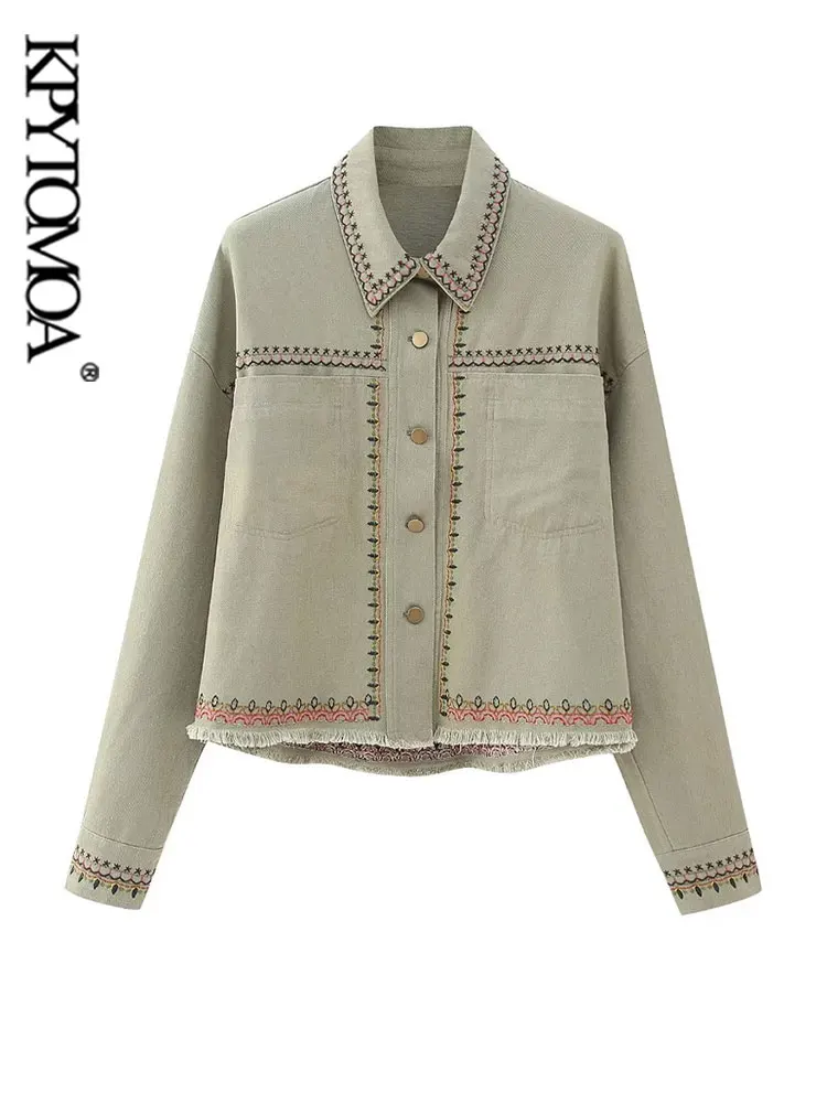

KPYTOMOA Women Fashion With Pockets Embroidery Oversized Jacket Coat Vintage Long Sleeve Frayed Hem Female Outerwear Chic Tops