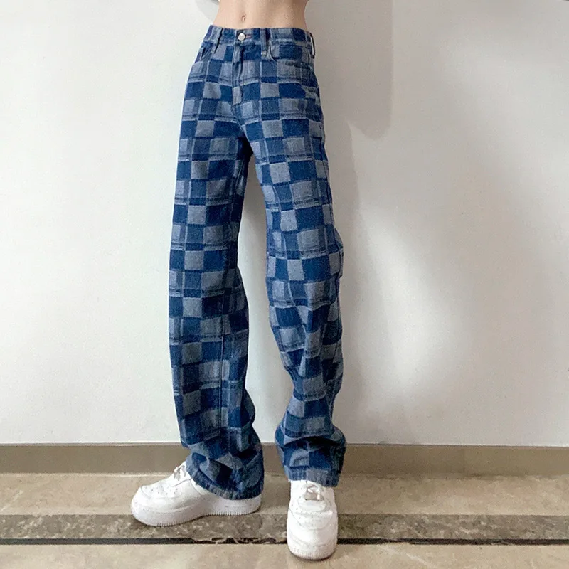 

Women's Plaid Checkerboard Print Jeans Casual High Waist Wide Leg Denim Pants Harajuku Loose Streetwear Straight Trousers Female