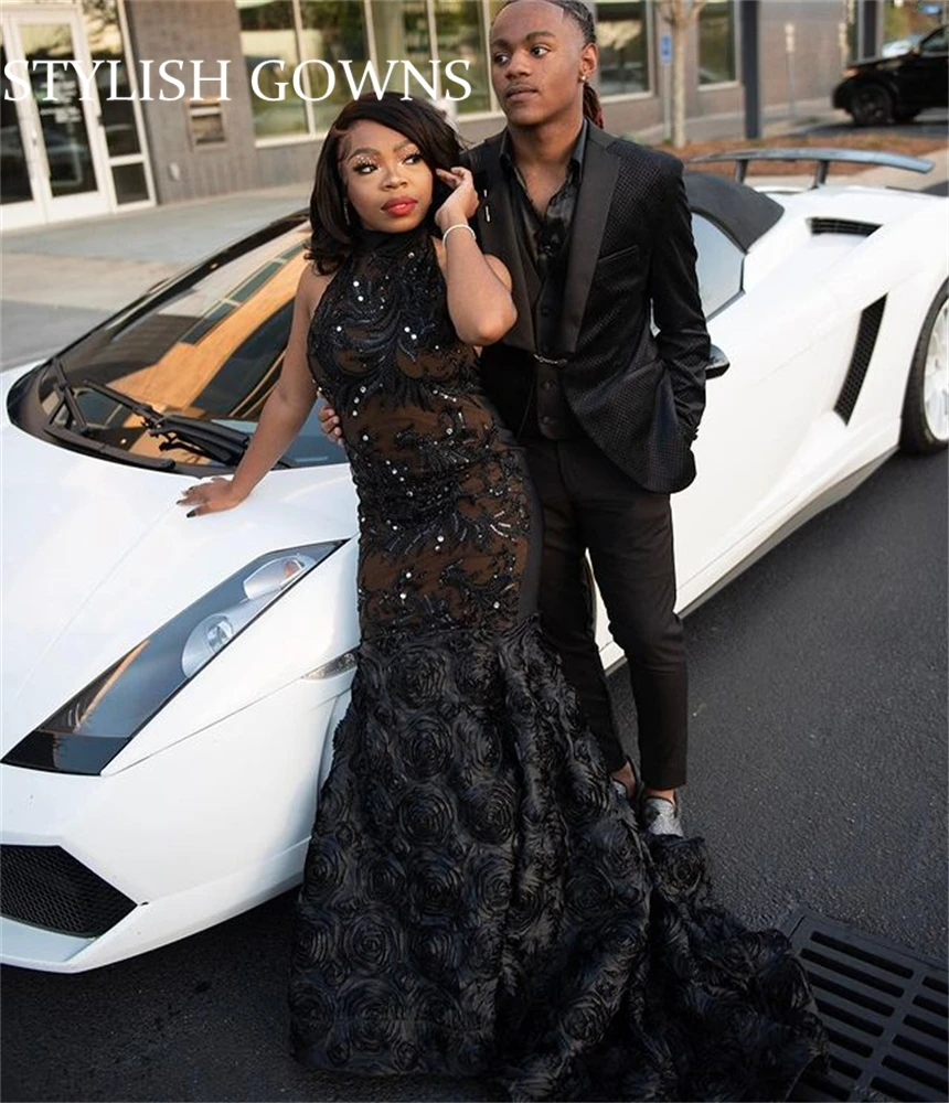 

African High Neck Long Prom Dresses For Black Girls 2022 Sequined Birthday Party Dress Ruffles Celebrity Gown Robe De Bal