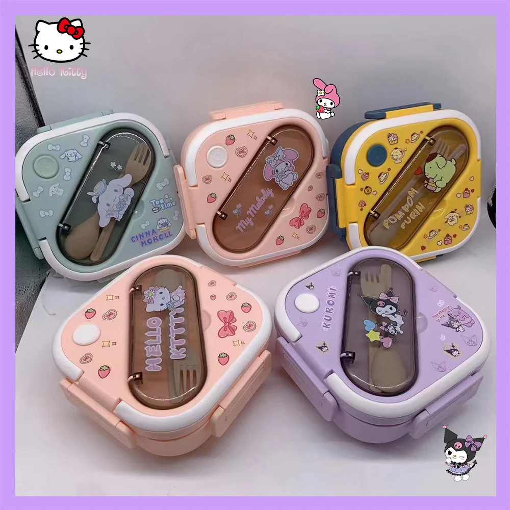 

Sanrio Hello Kitty Kuromi Lunch Box Spoon Fork Set Kawaii Kids Fruit Snack Box Plastic Crisper Sealed Flatware Student Lunch Box