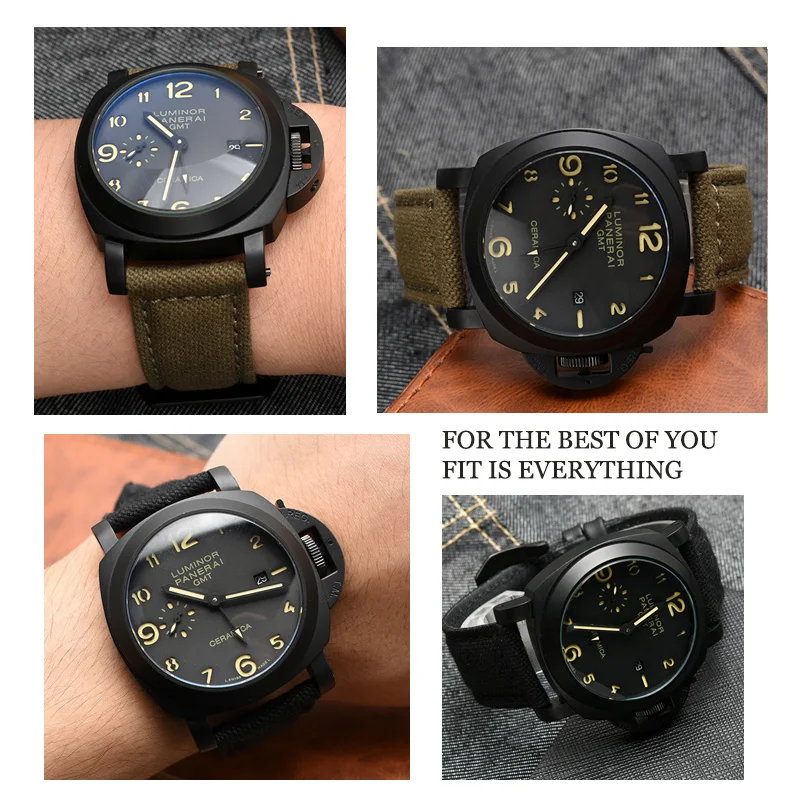 PAM111 PAM441 Canvas WatchBand 20MM 22MM 24MM For Panerai Nylon Leather Watch Strap Waterproof Sport Men Accessories Black Khaki