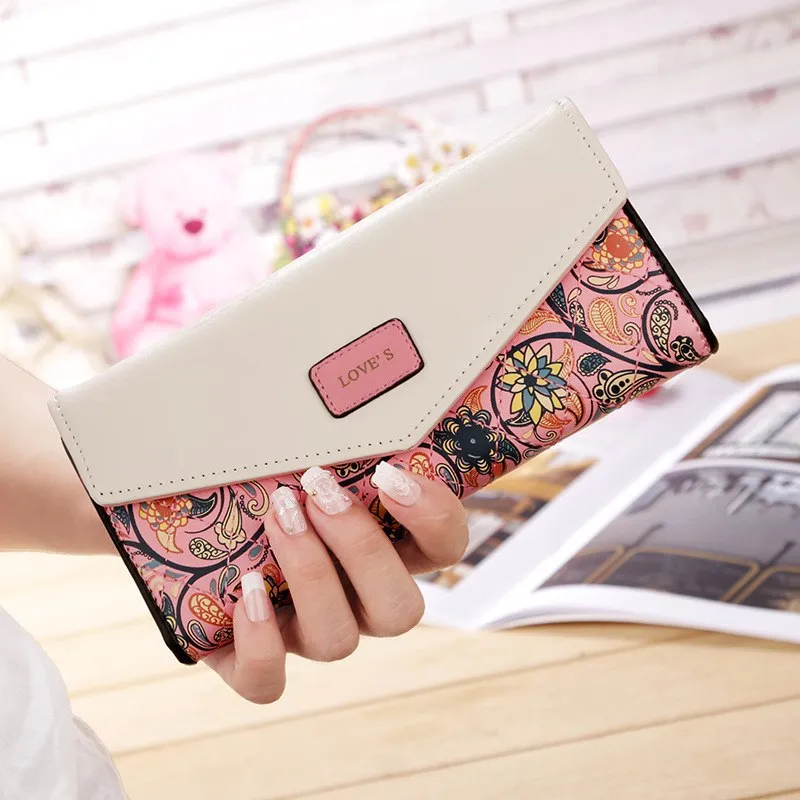 

Wristlet Fashion Envelope Women Wallet Hit Color 3Fold Flowers Printing PU Leather Wallet Long Ladies Clutch Coin Phone Purse